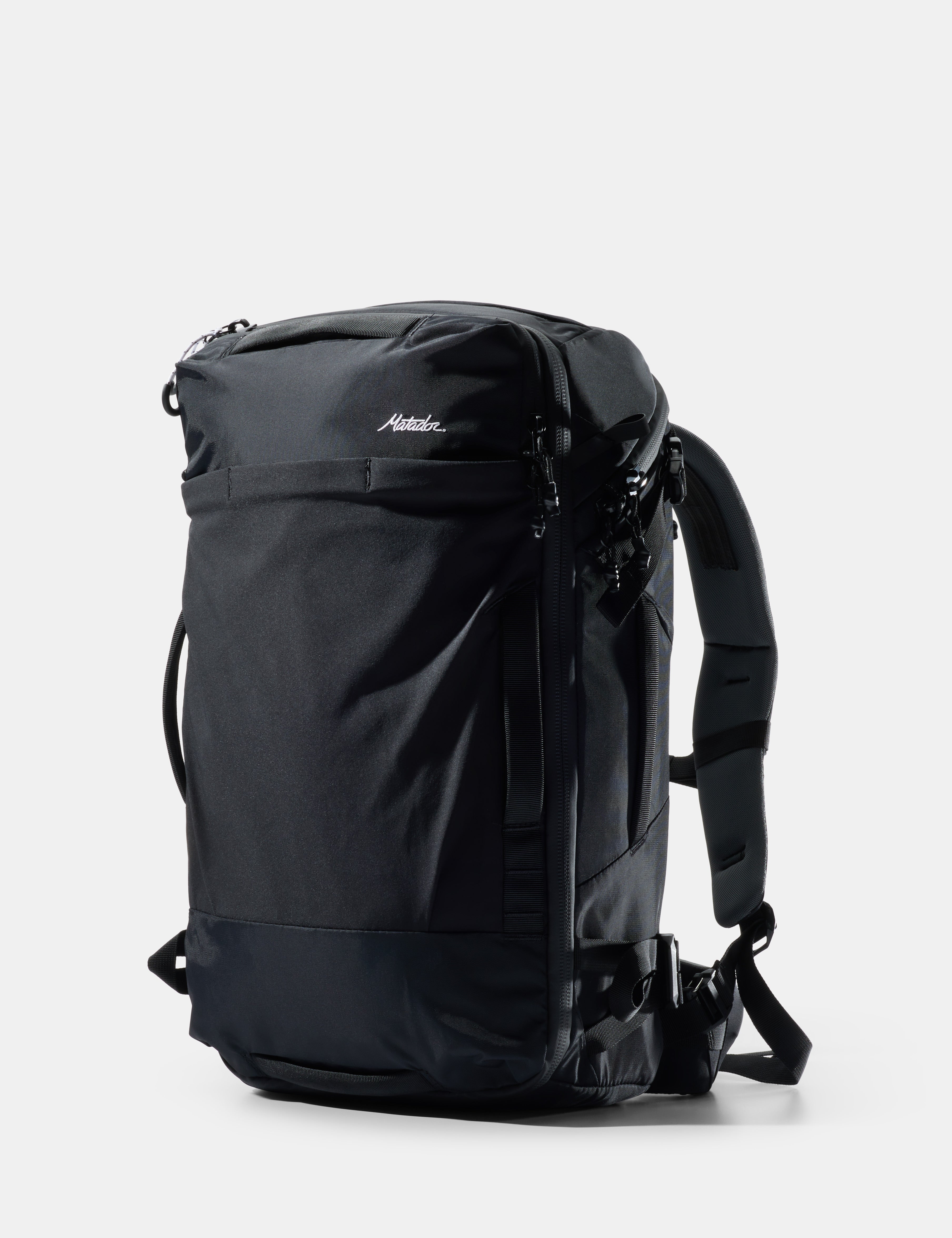 Black backpack on a white background